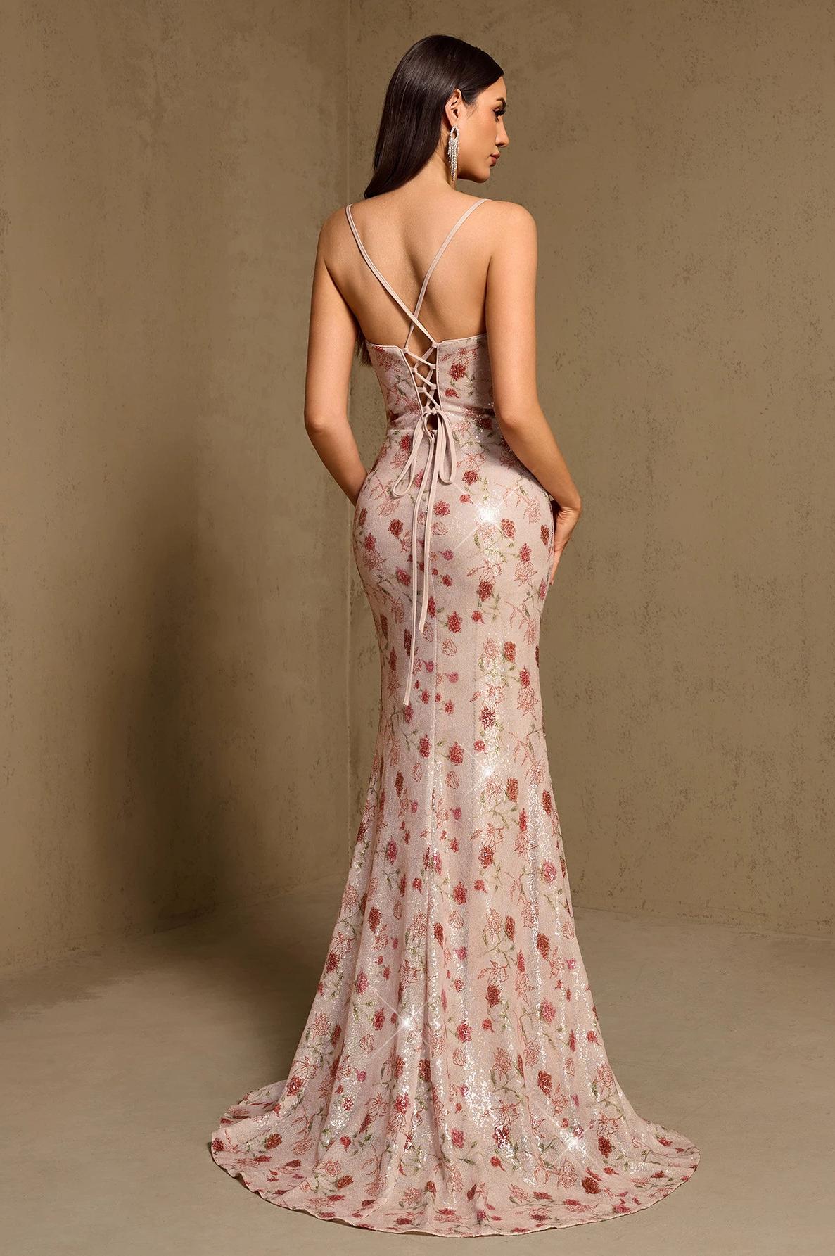 Sequin Floral Tie-Up Maxi Dress