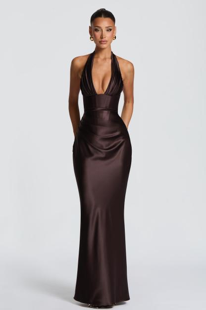 Satin Pleated Halter Neck Maxi Dress