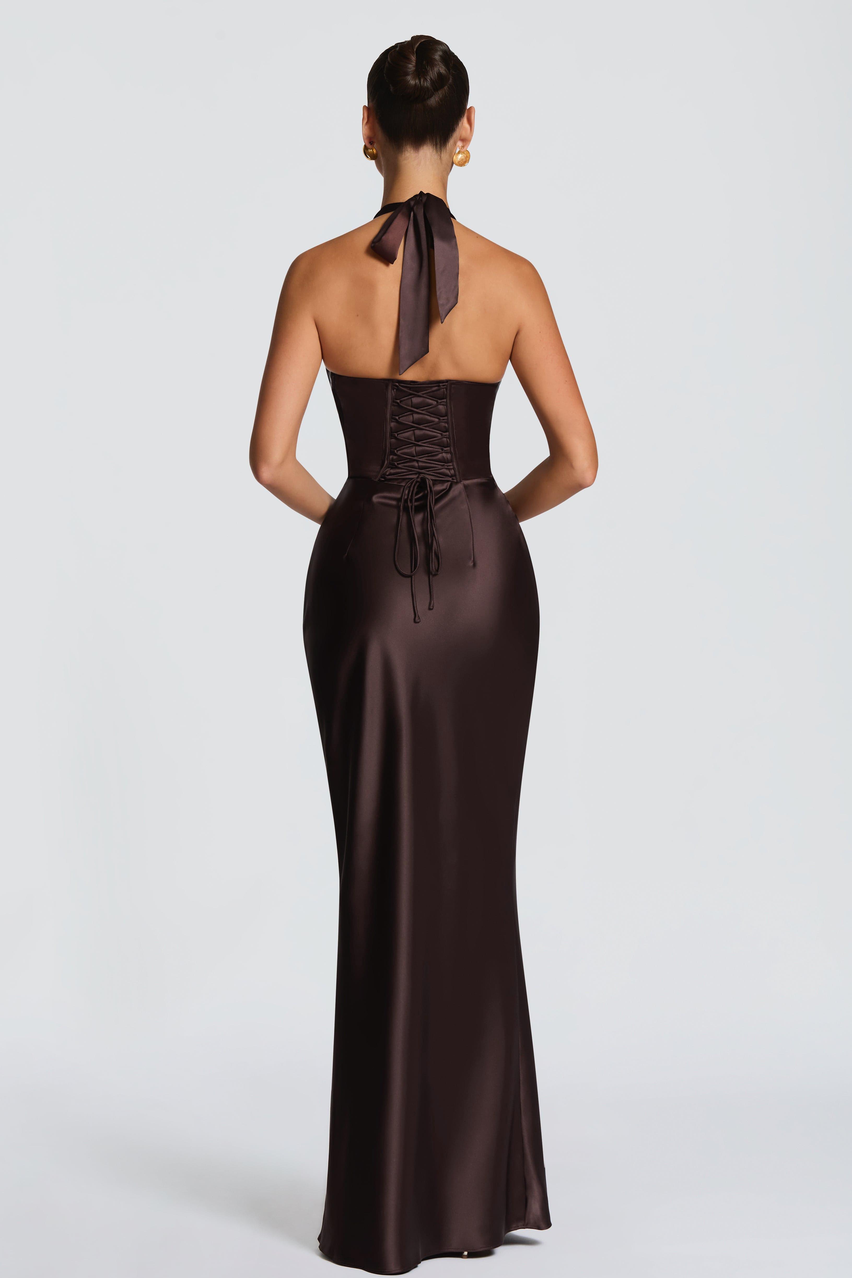 Satin Pleated Halter Neck Maxi Dress