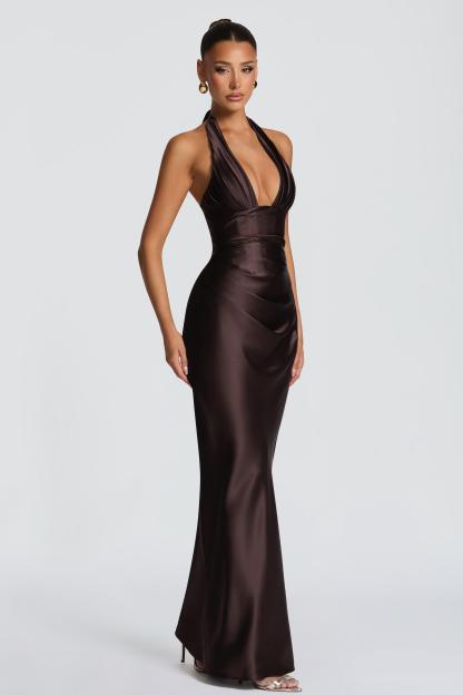 Satin Pleated Halter Neck Maxi Dress