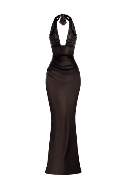 Satin Pleated Halter Neck Maxi Dress