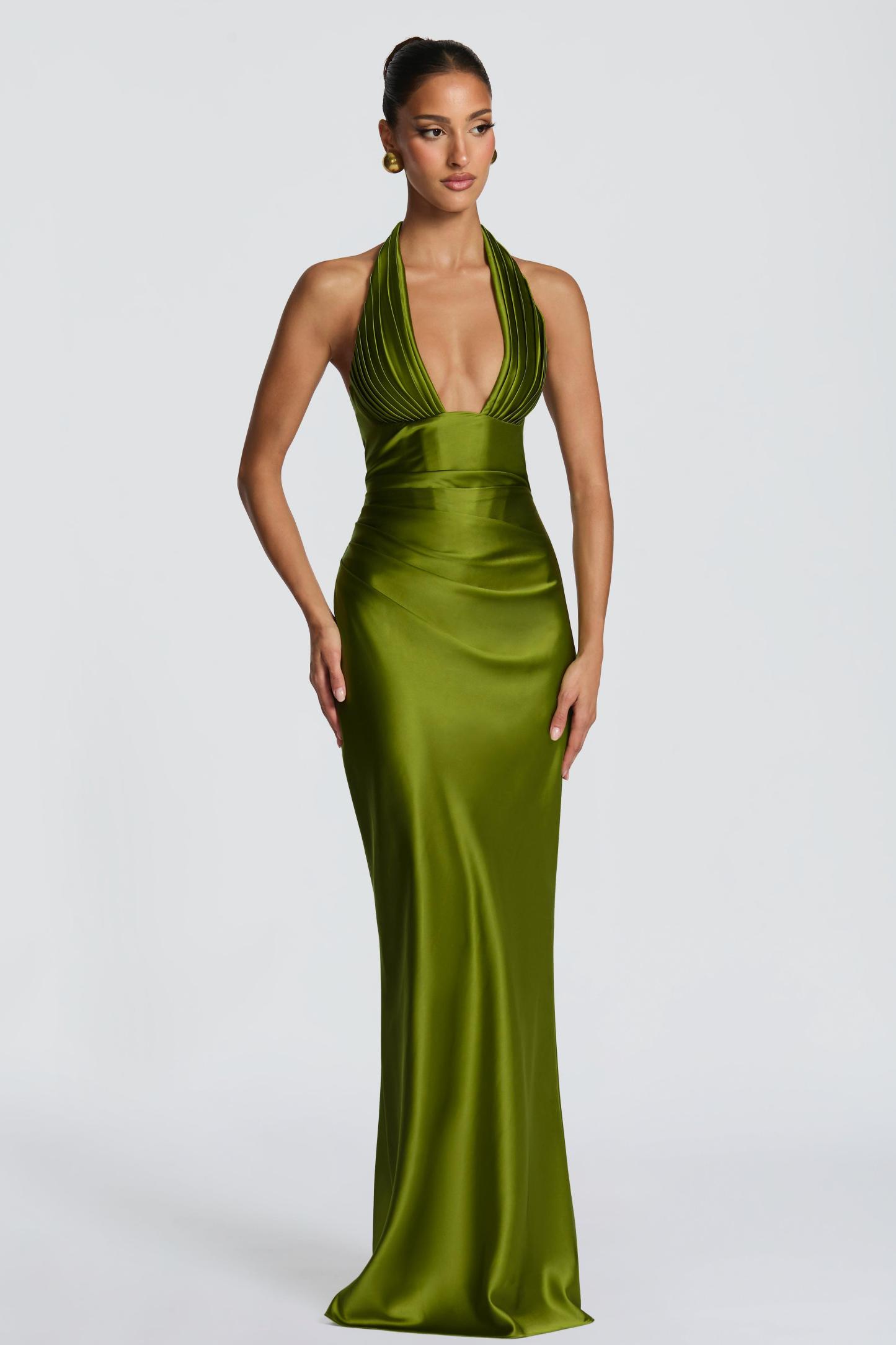 Satin Pleated Halter Neck Maxi Dress