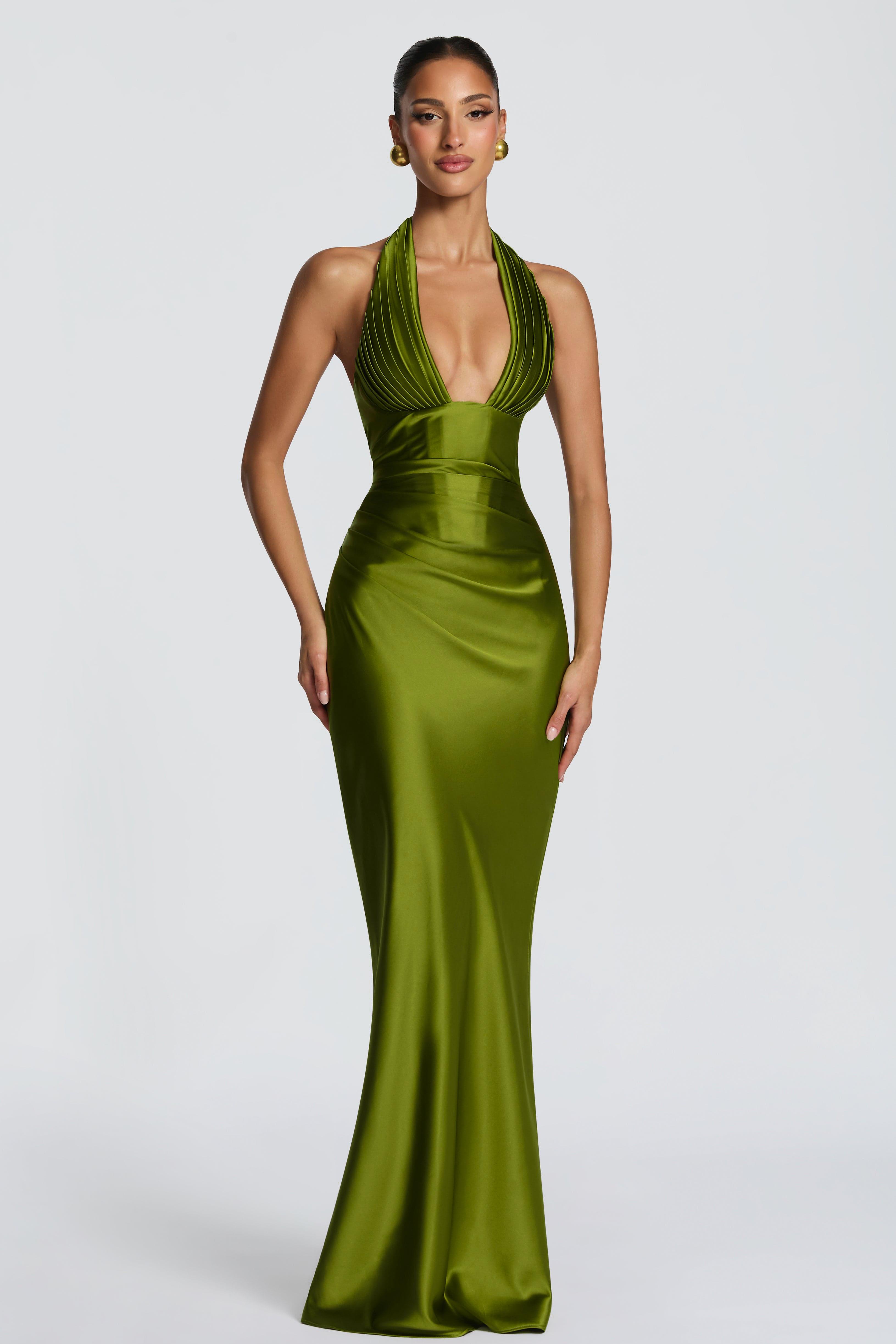 Satin Pleated Halter Neck Maxi Dress