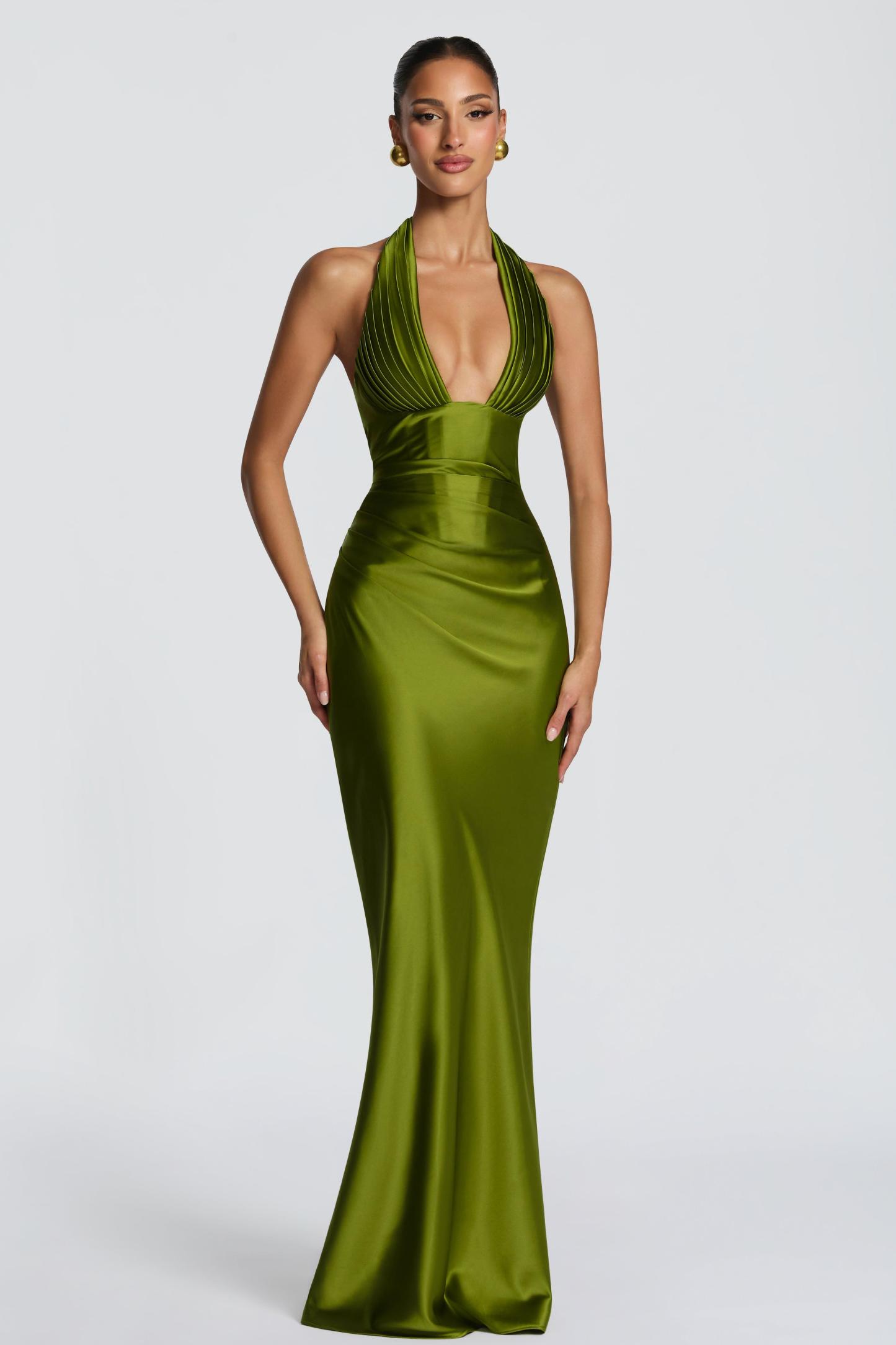 Satin Pleated Halter Neck Maxi Dress