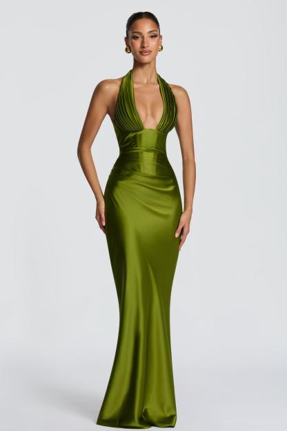 Satin Pleated Halter Neck Maxi Dress