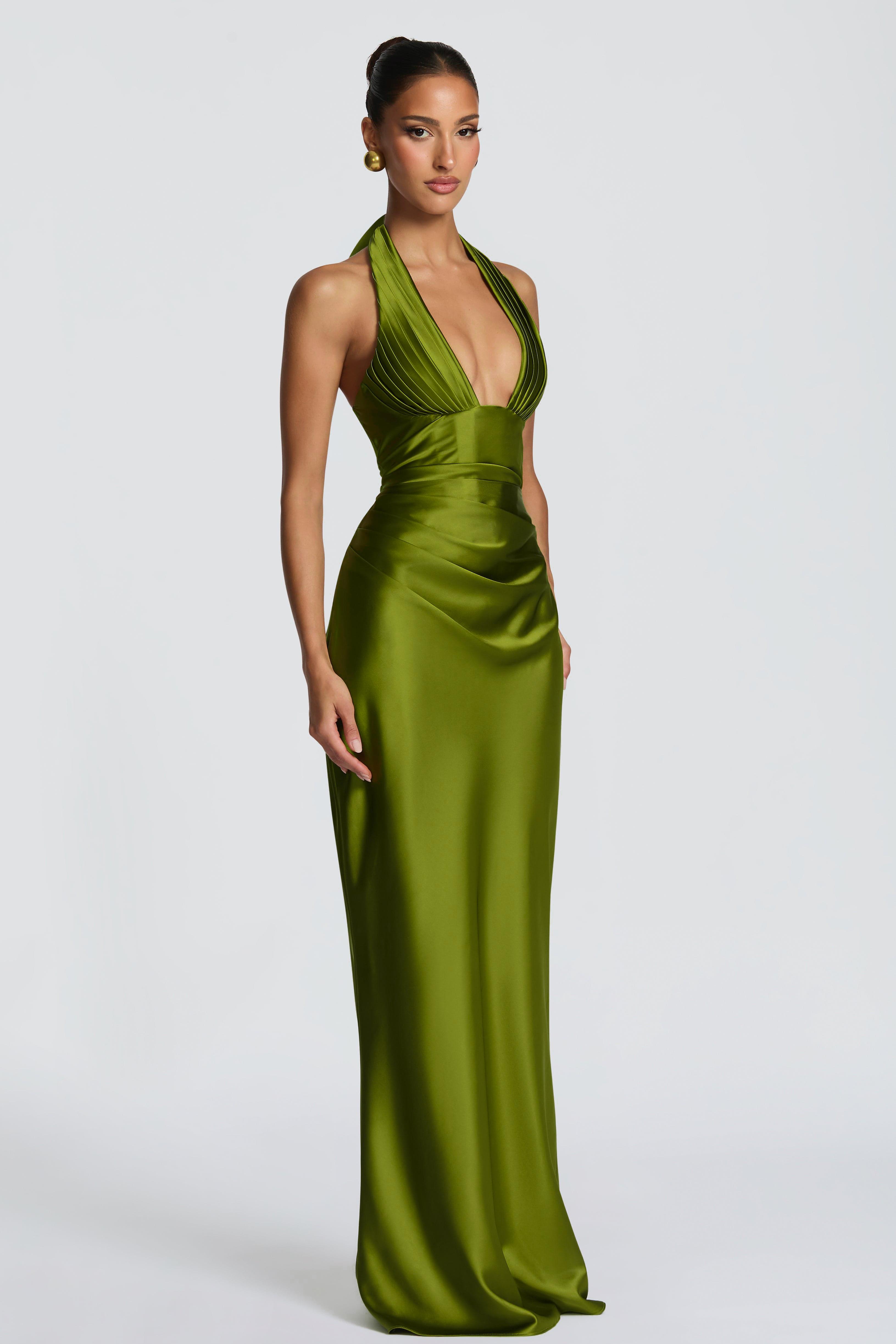 Satin Pleated Halter Neck Maxi Dress