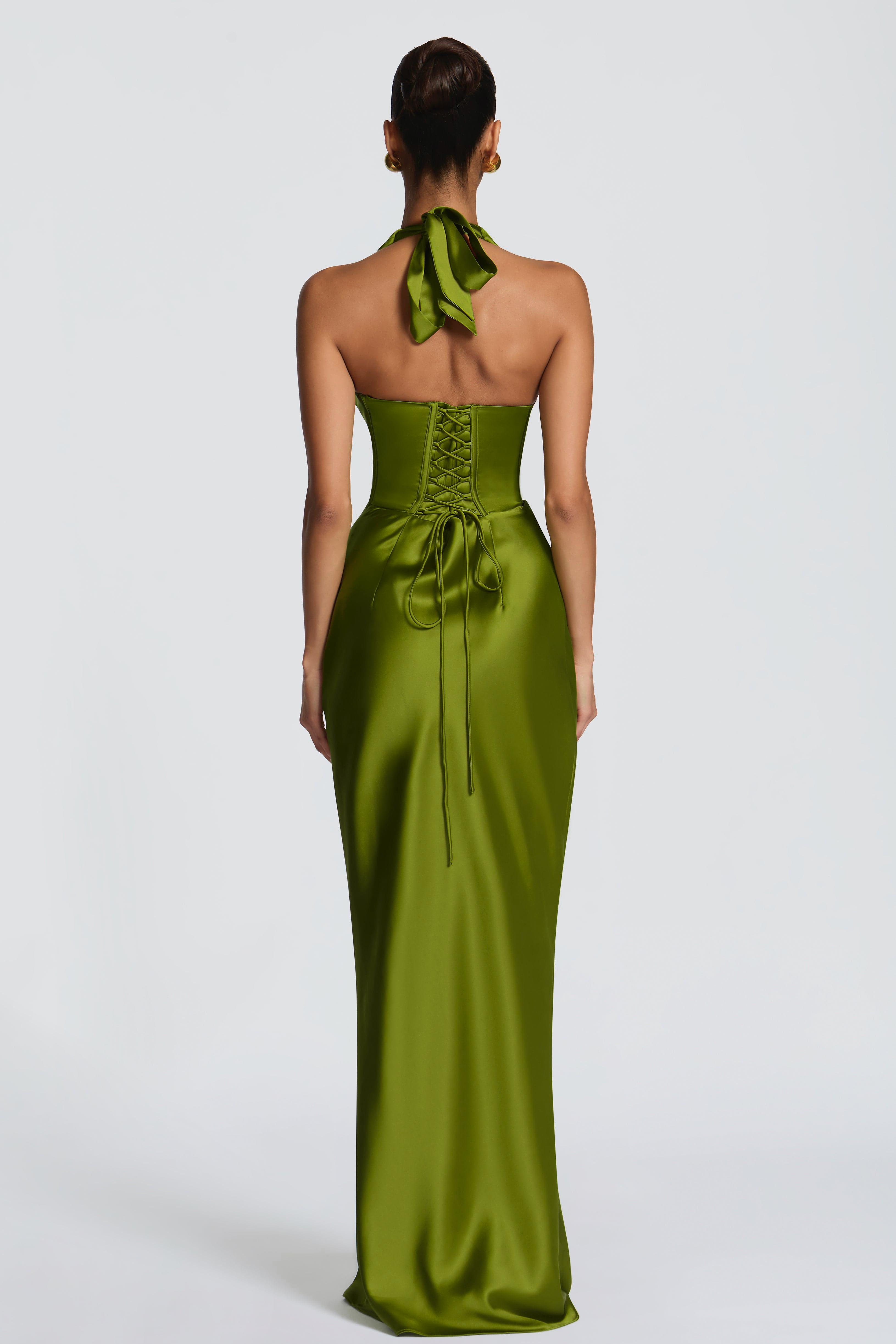 Satin Pleated Halter Neck Maxi Dress