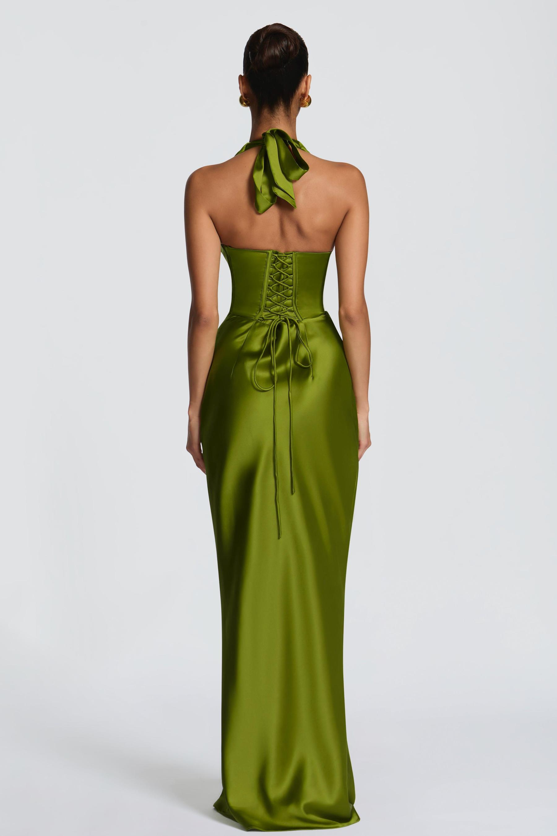 Satin Pleated Halter Neck Maxi Dress