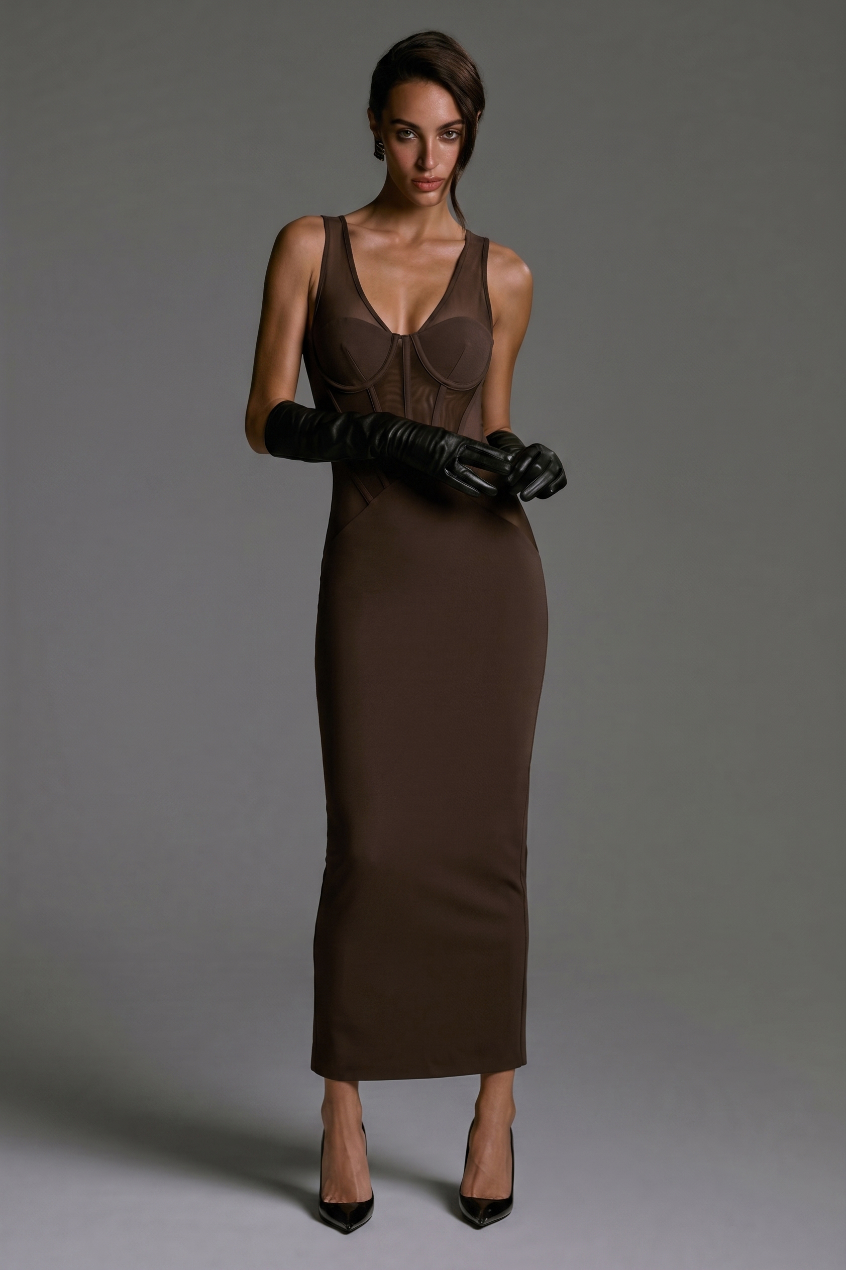 Jersey Splicing Mesh See-Through Midi Dress