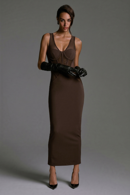 Jersey Splicing Mesh See-Through Midi Dress
