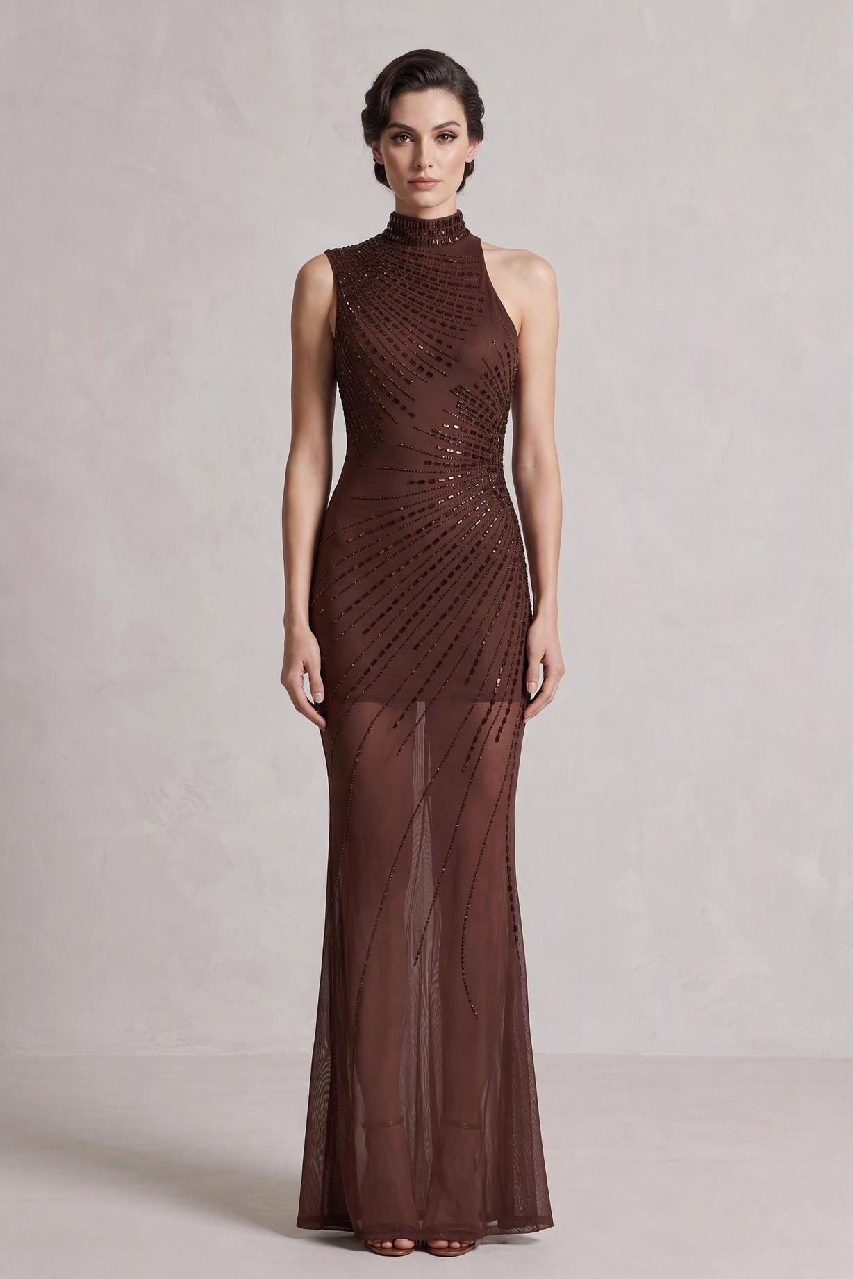 Mesh Rhinestone Sleeveless Maxi Dress