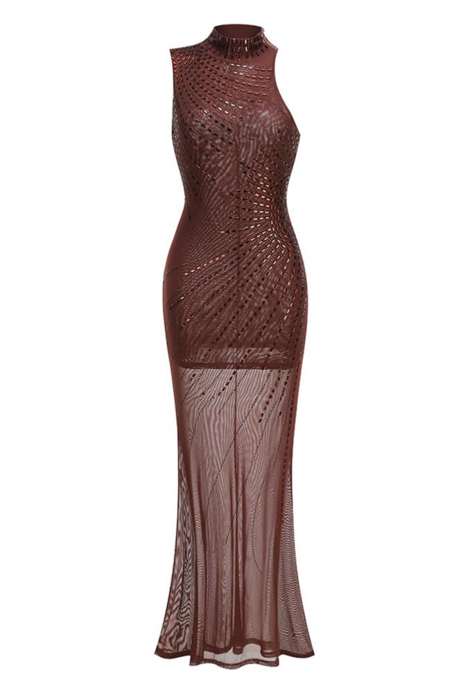 Mesh Rhinestone Sleeveless Maxi Dress