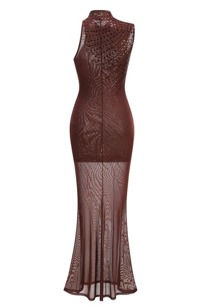 Mesh Rhinestone Sleeveless Maxi Dress