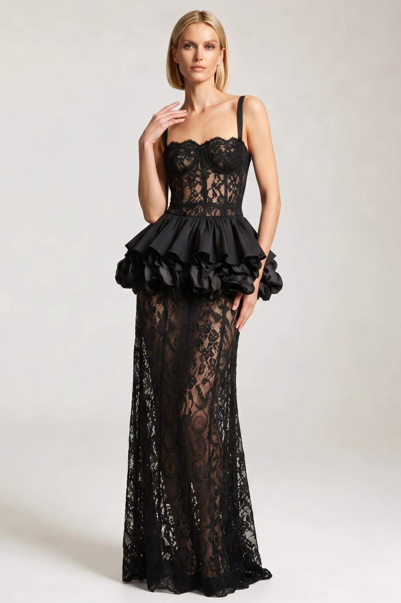 Lace 3D Flower See-Through Maxi Dress