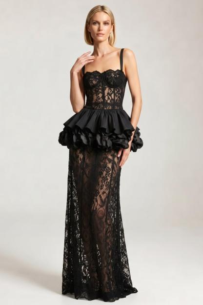 Lace 3D Flower See-Through Maxi Dress
