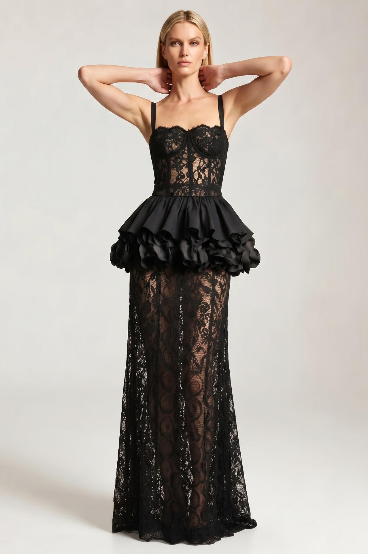 Lace 3D Flower See-Through Maxi Dress