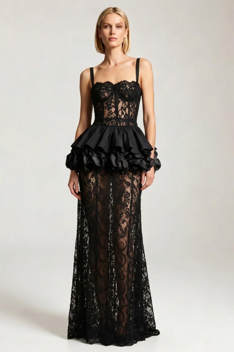 Lace 3D Flower See-Through Maxi Dress