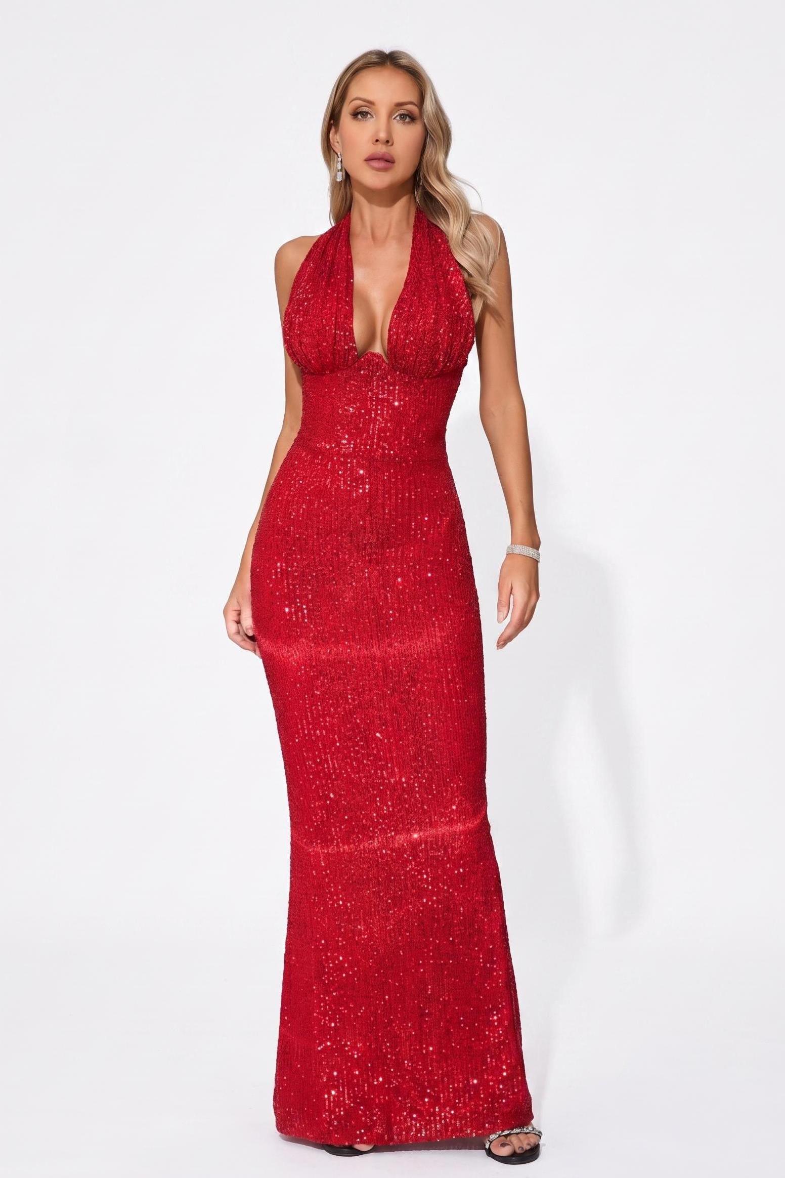 Sequin Halter Neck Backless Maxi Dress
