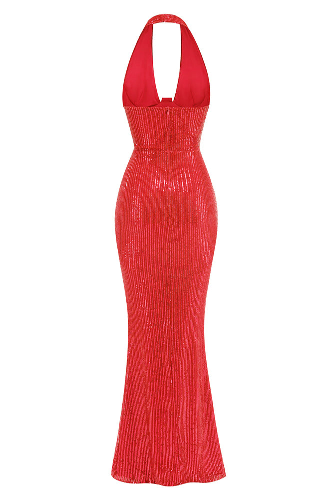 Sequin Halter Neck Backless Maxi Dress