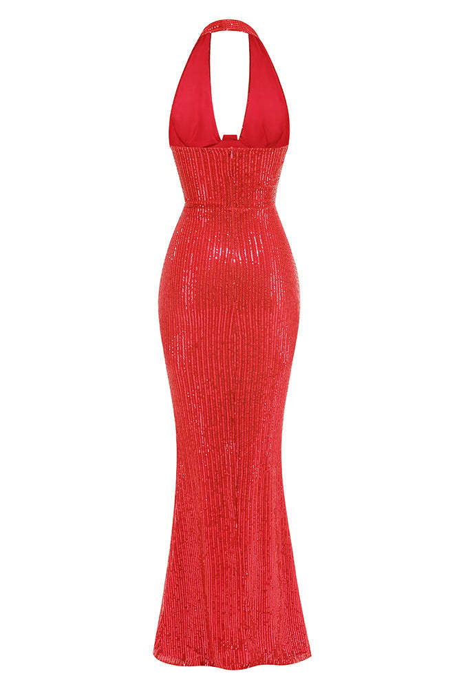 Sequin Halter Neck Backless Maxi Dress
