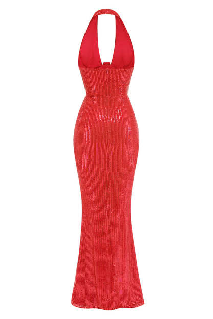 Sequin Halter Neck Backless Maxi Dress