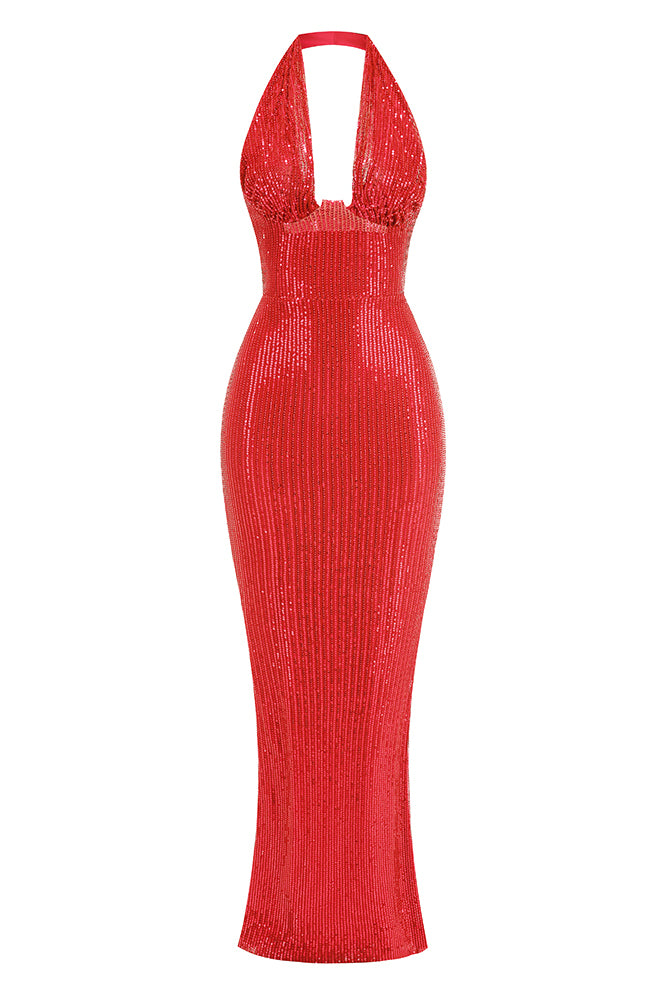 Sequin Halter Neck Backless Maxi Dress