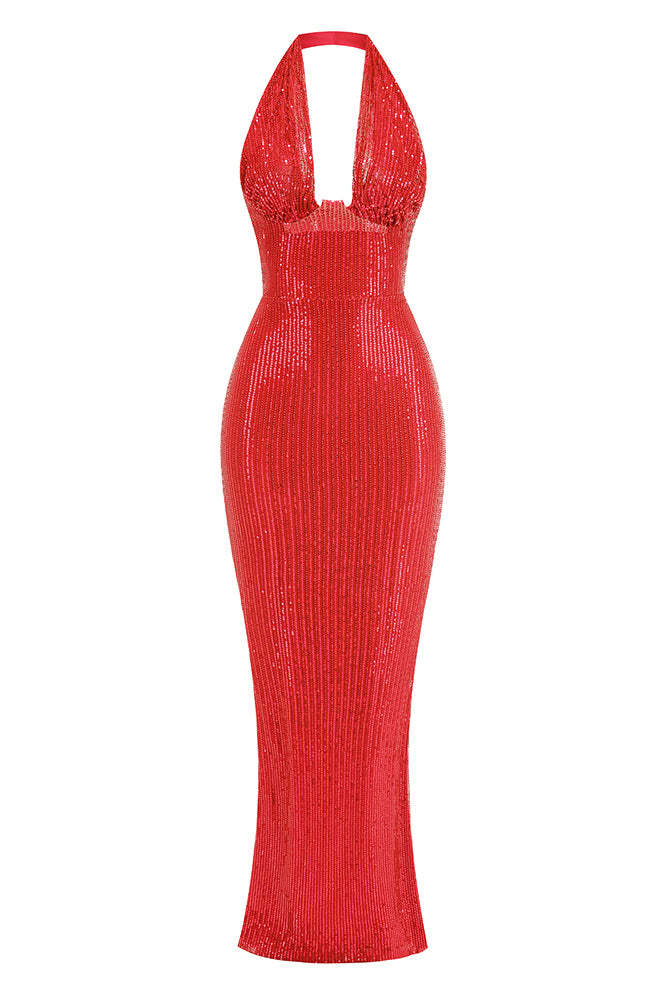 Sequin Halter Neck Backless Maxi Dress
