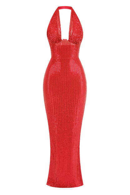 Sequin Halter Neck Backless Maxi Dress