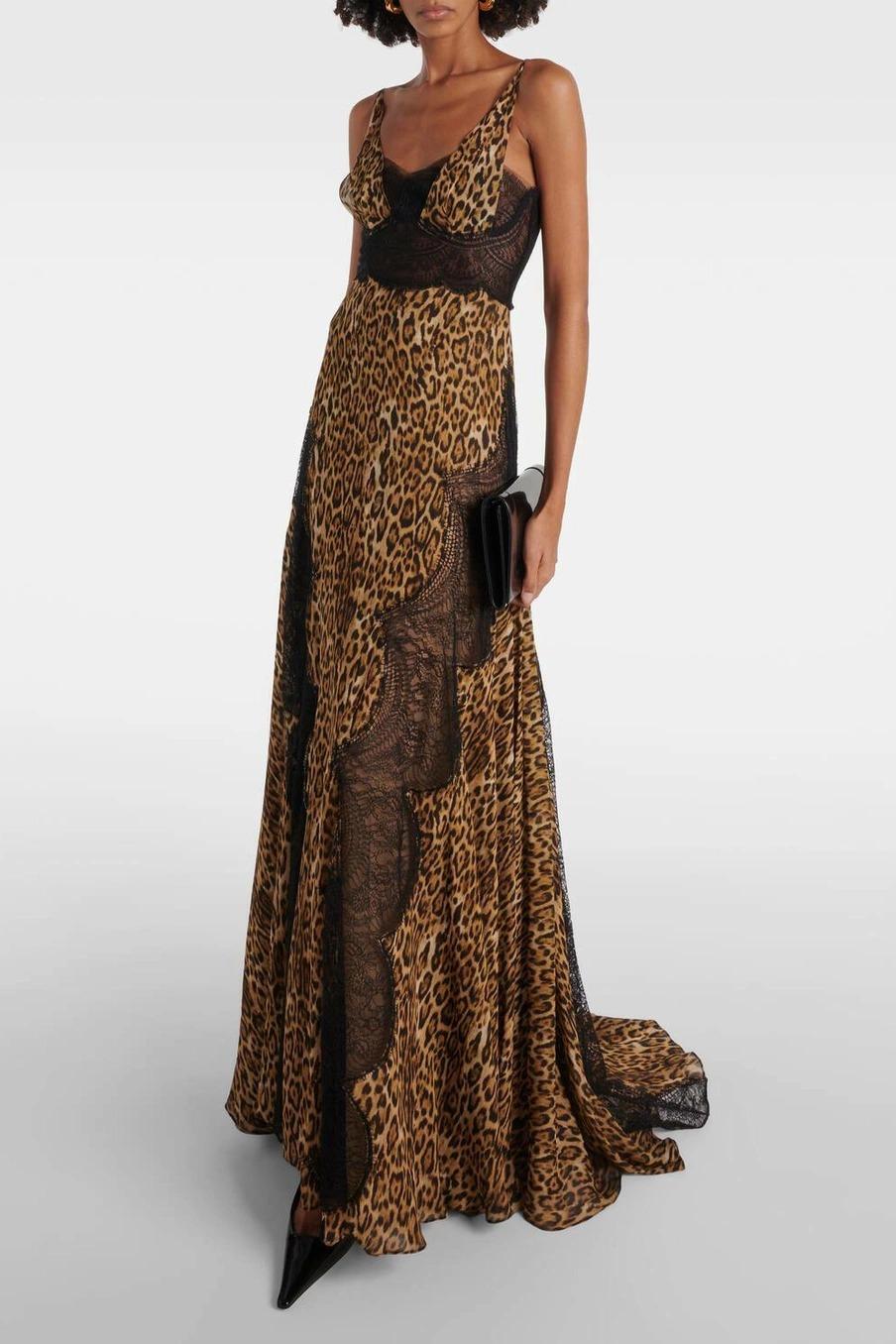 Leopard Print Splicing Lace See-Through Maxi Dress