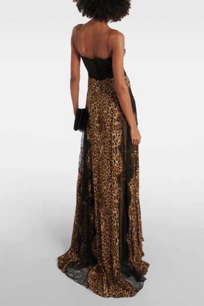 Leopard Print Splicing Lace See-Through Maxi Dress