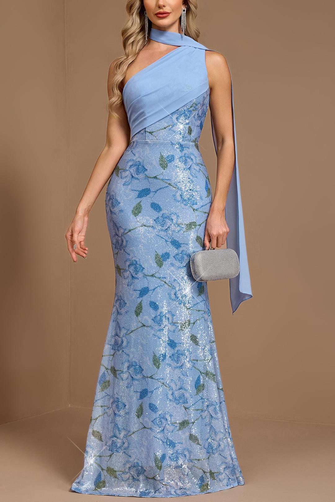 Sequin Floral One Shoulder Maxi Dress