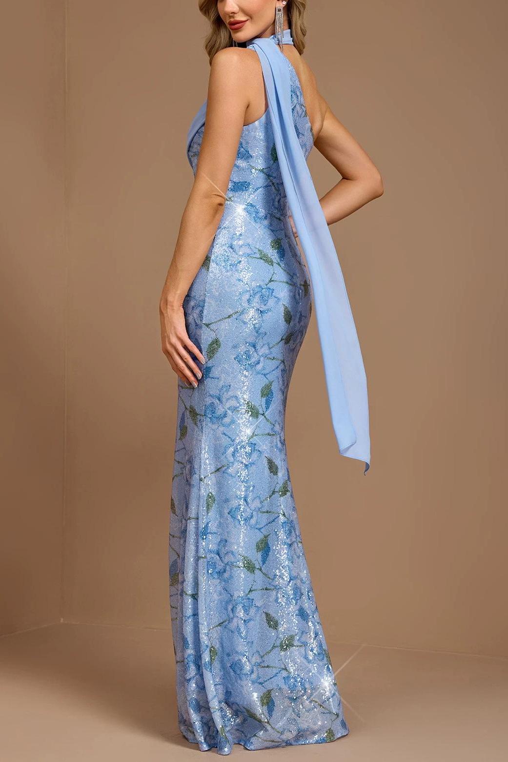 Sequin Floral One Shoulder Maxi Dress