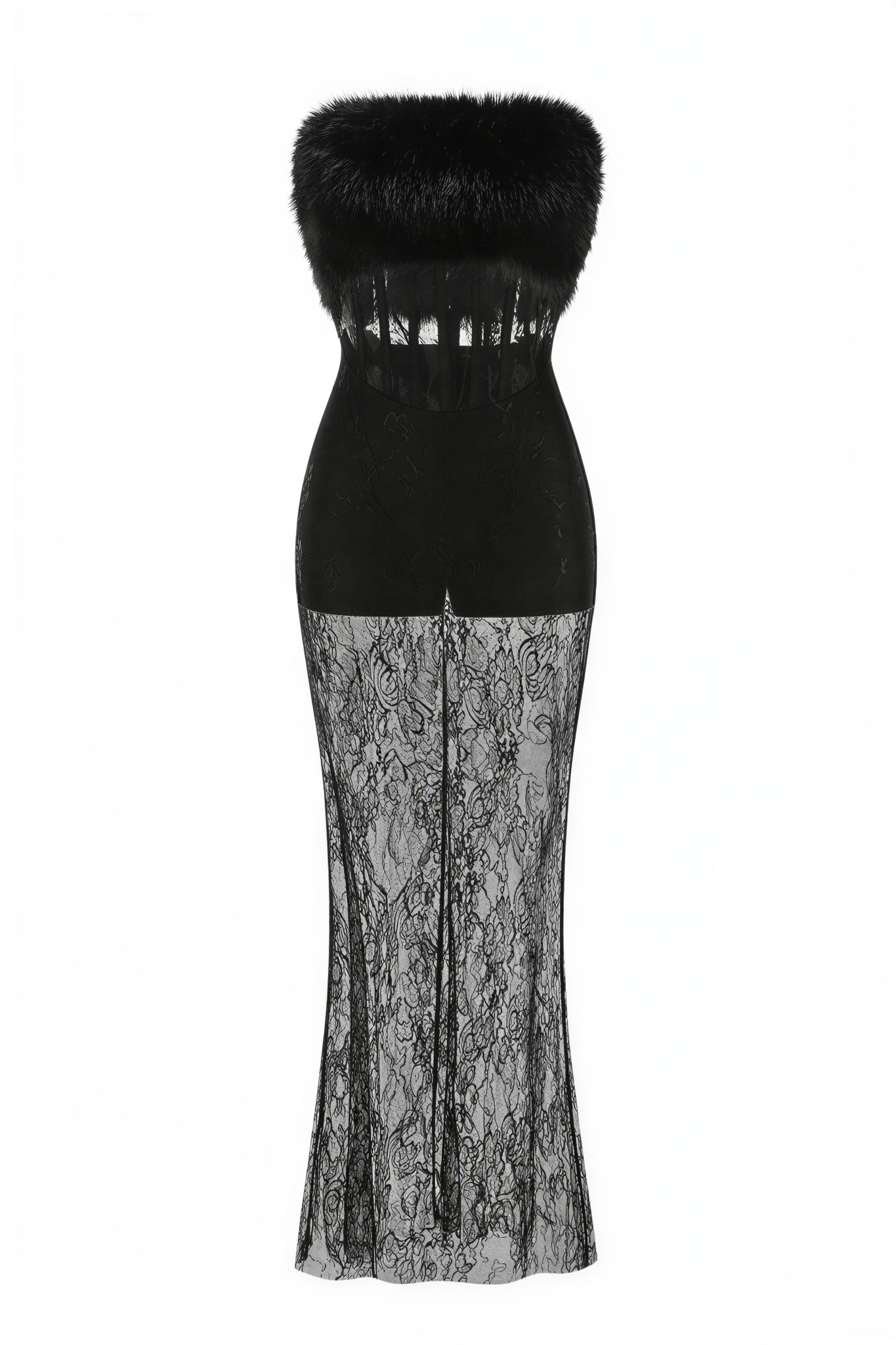 Lace Faux Fur Fabric See-Through Maxi Dress