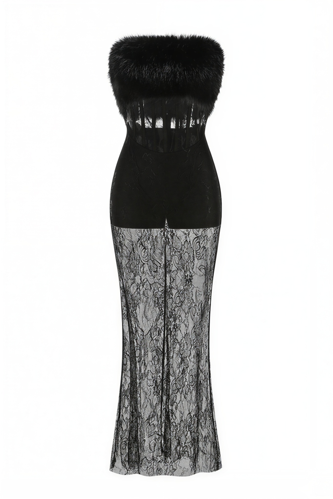 Lace Faux Fur Fabric See-Through Maxi Dress