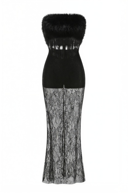 Lace Faux Fur Fabric See-Through Maxi Dress