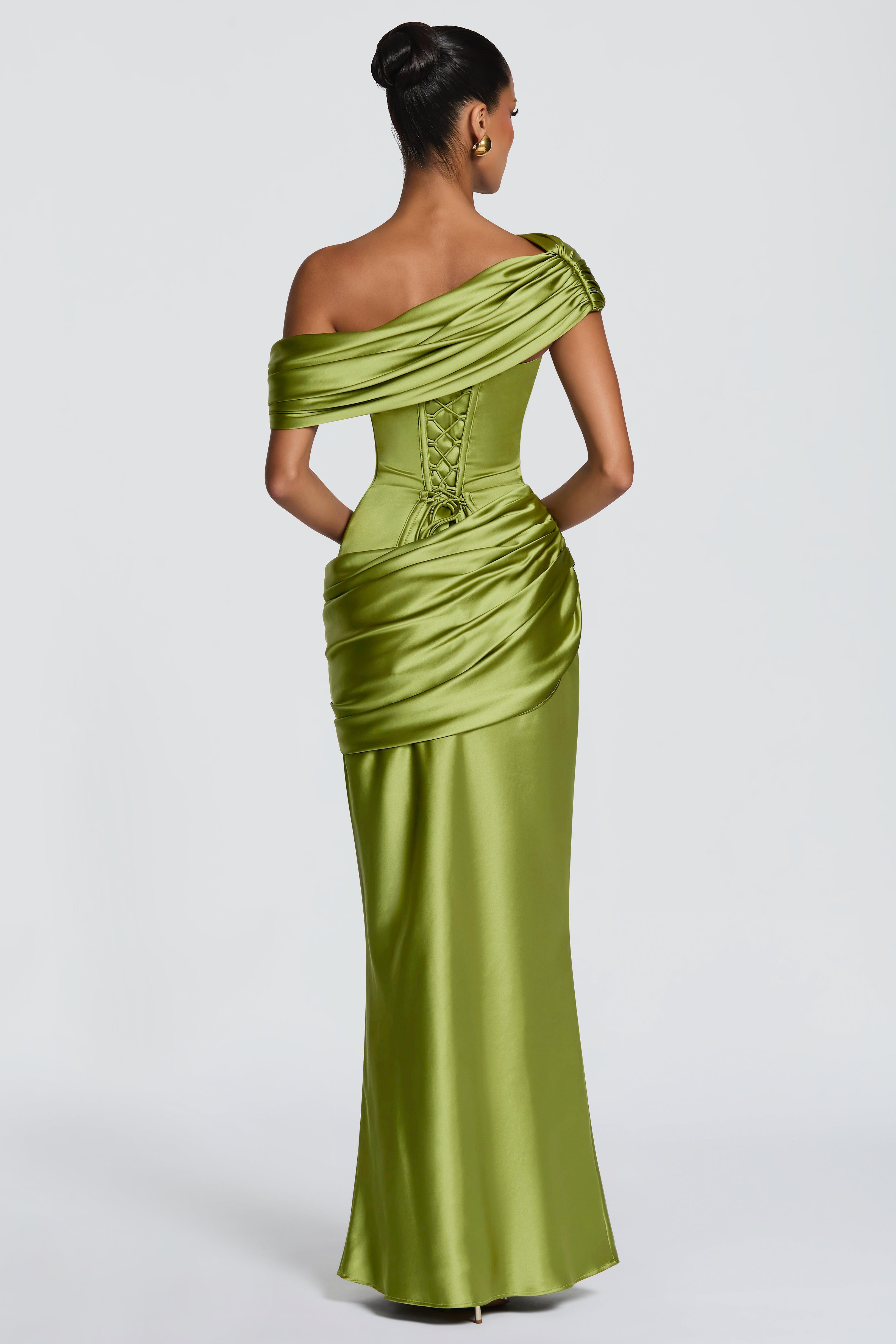 Satin Ruched Tie-Up Maxi Dress With Cape