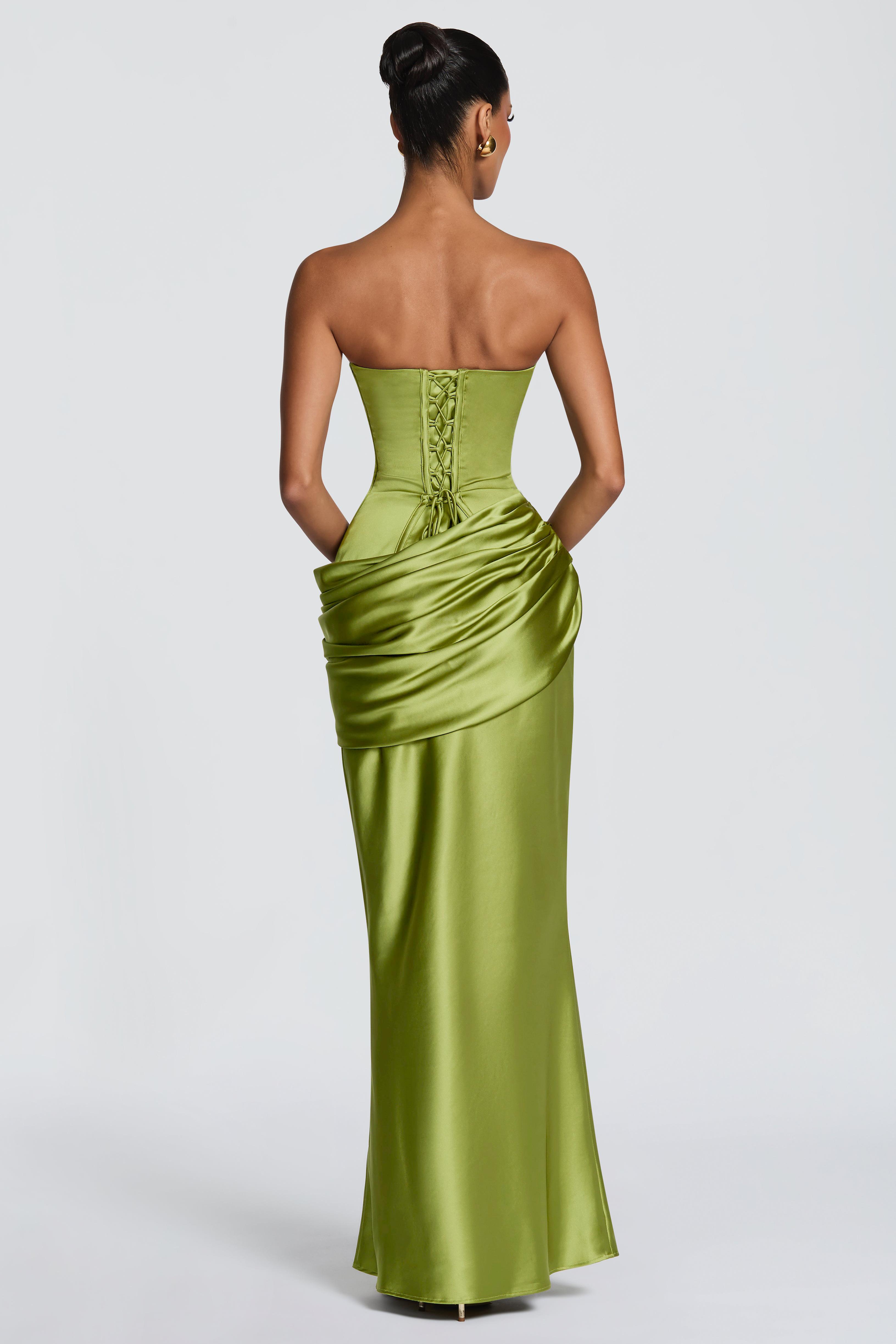 Satin Ruched Tie-Up Maxi Dress With Cape