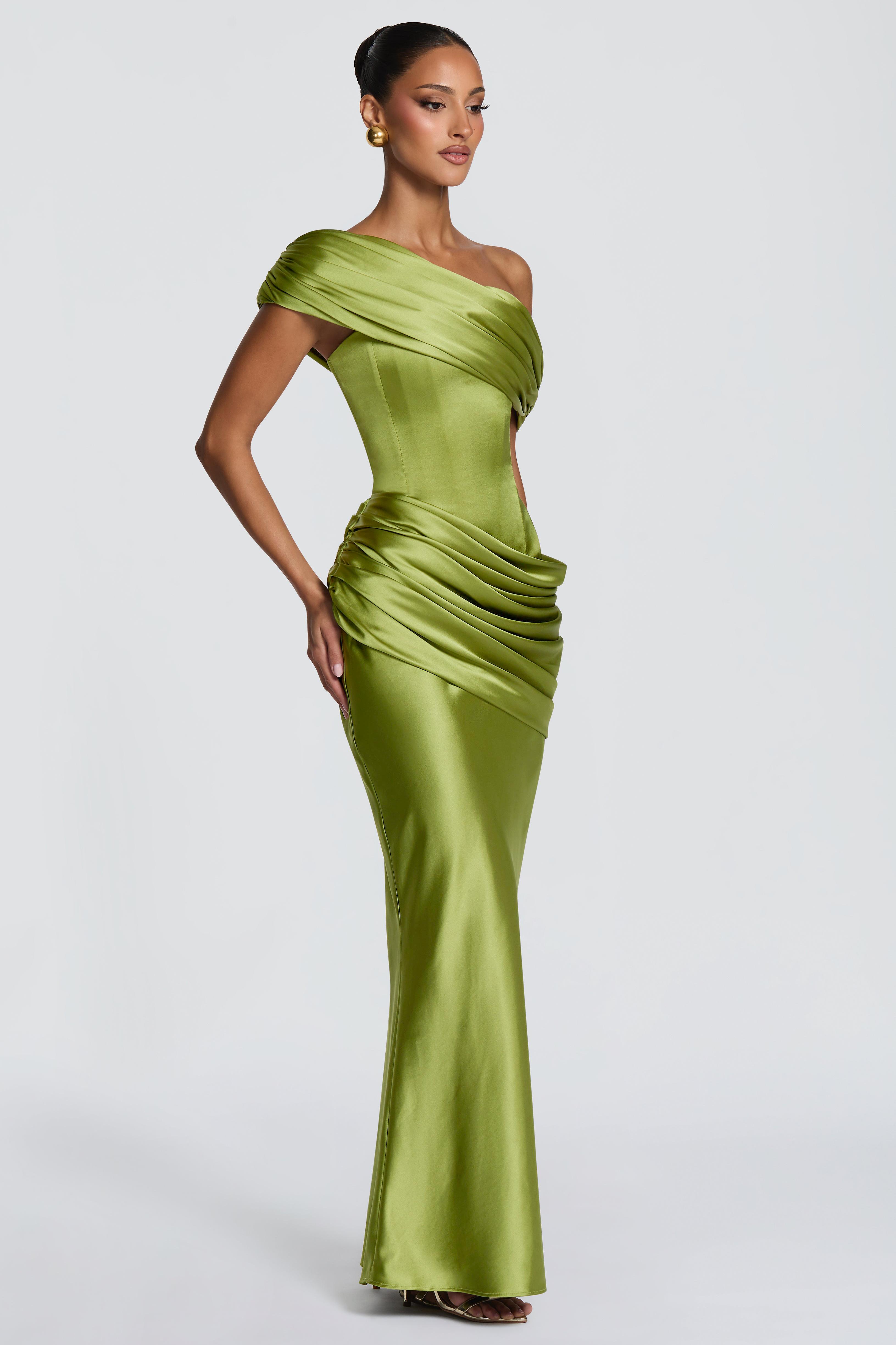 Satin Ruched Tie-Up Maxi Dress With Cape