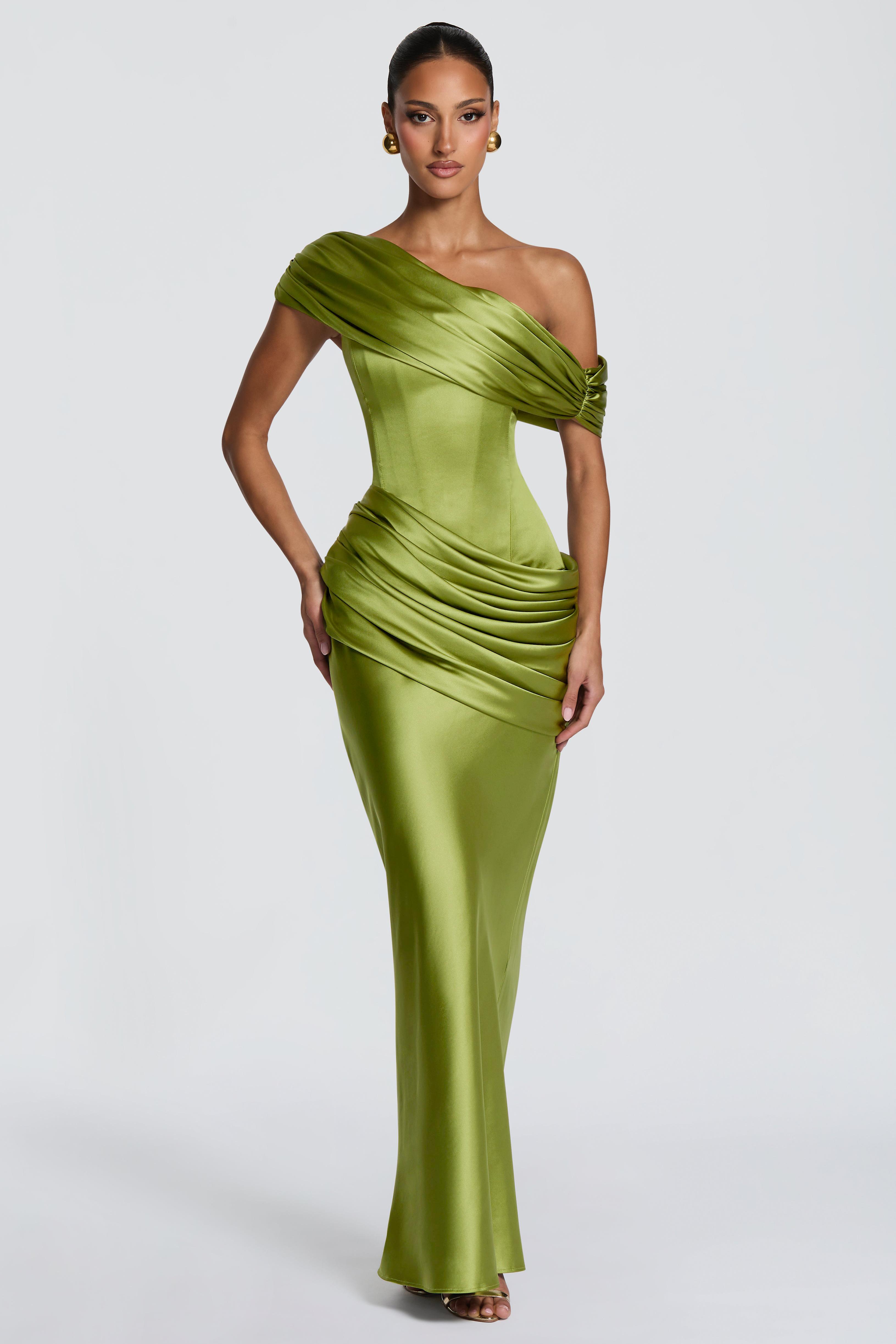 Satin Ruched Tie-Up Maxi Dress With Cape