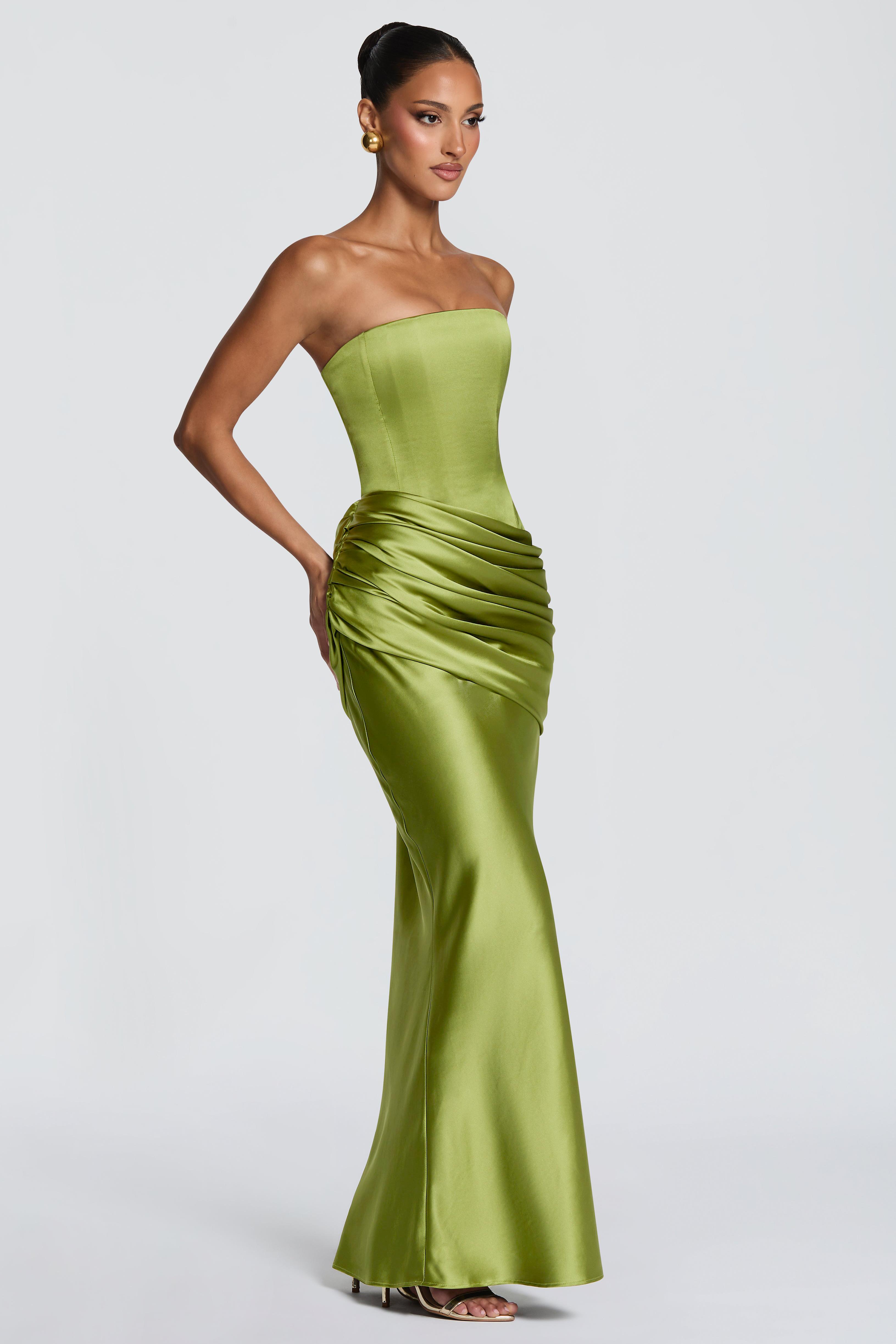 Satin Ruched Tie-Up Maxi Dress With Cape