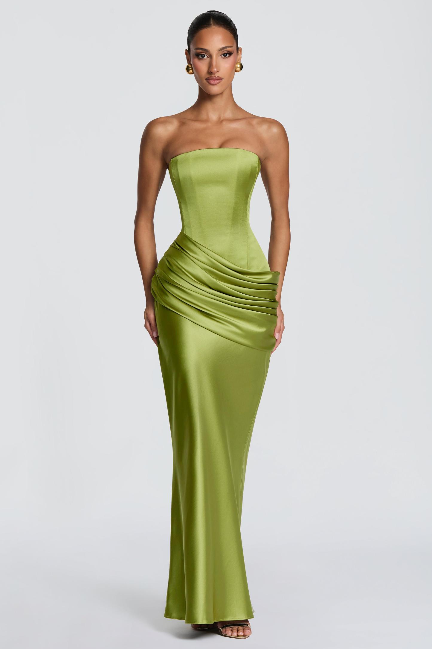 Satin Ruched Tie-Up Maxi Dress With Cape