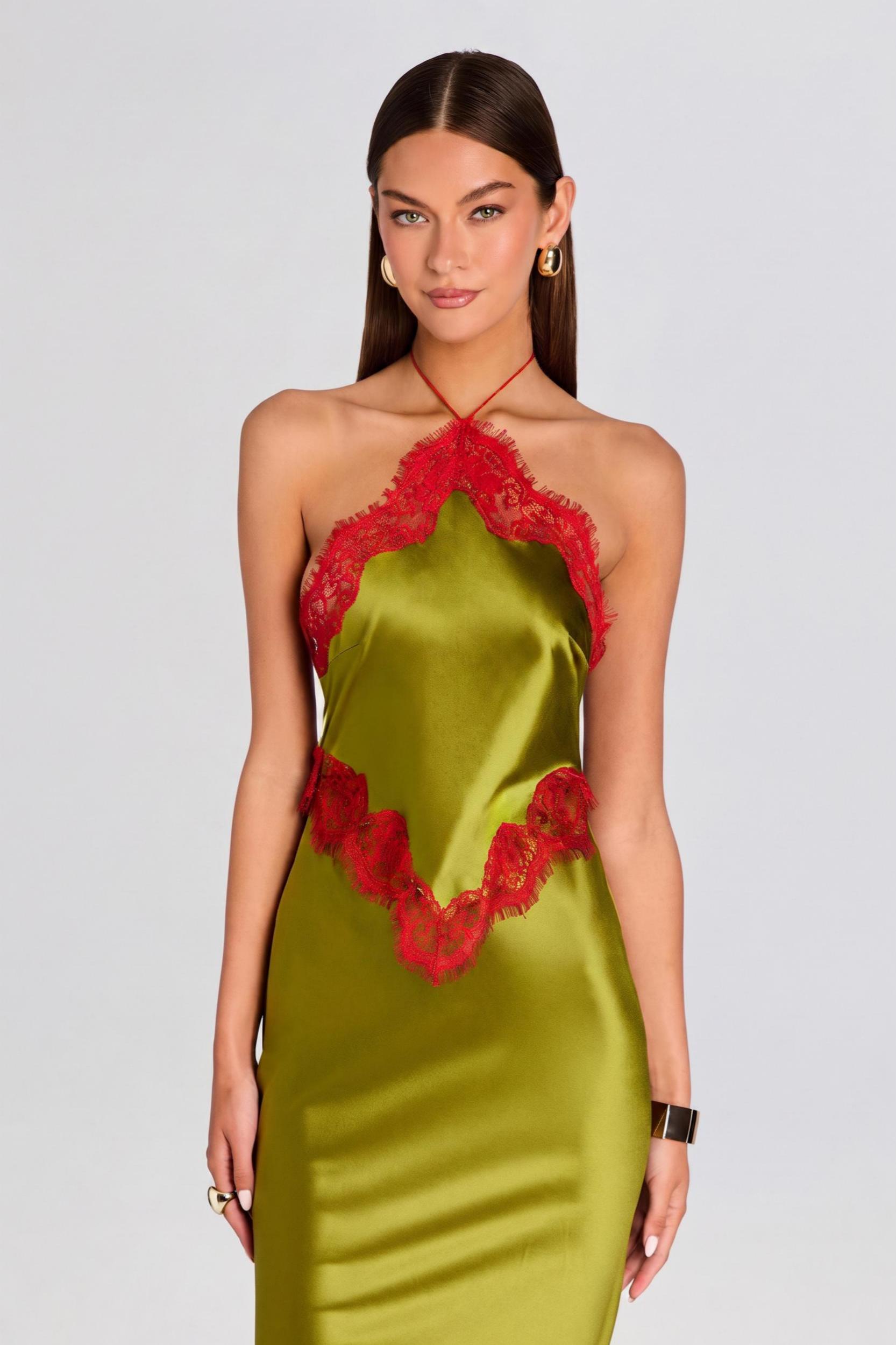Satin Splicing Lace Contrast Color Tie-Up Maxi Dress