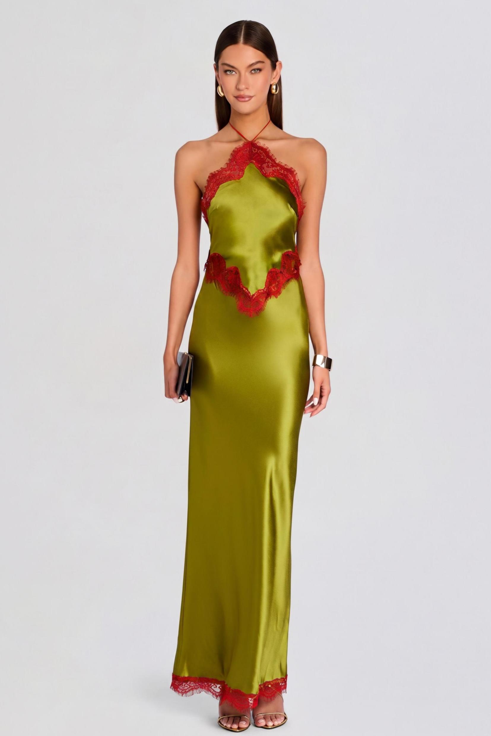 Satin Splicing Lace Contrast Color Tie-Up Maxi Dress