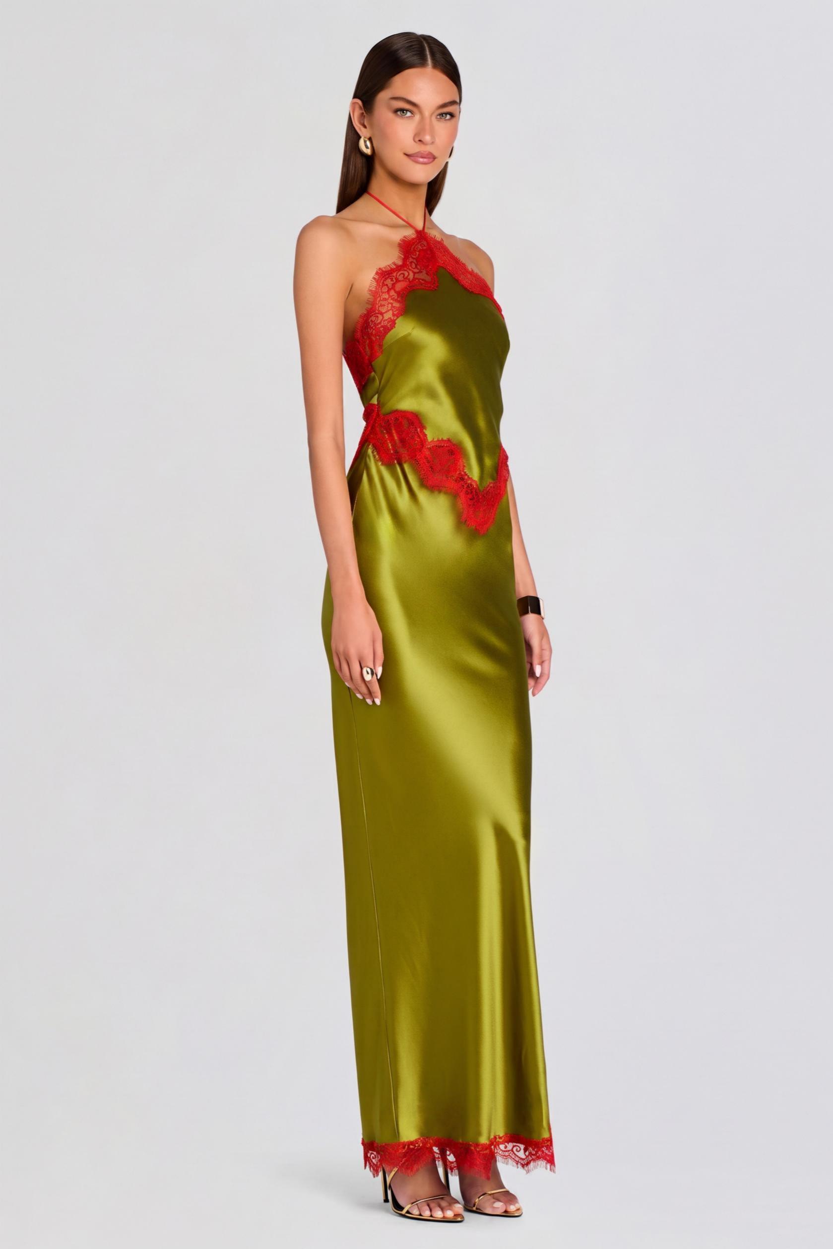 Satin Splicing Lace Contrast Color Tie-Up Maxi Dress