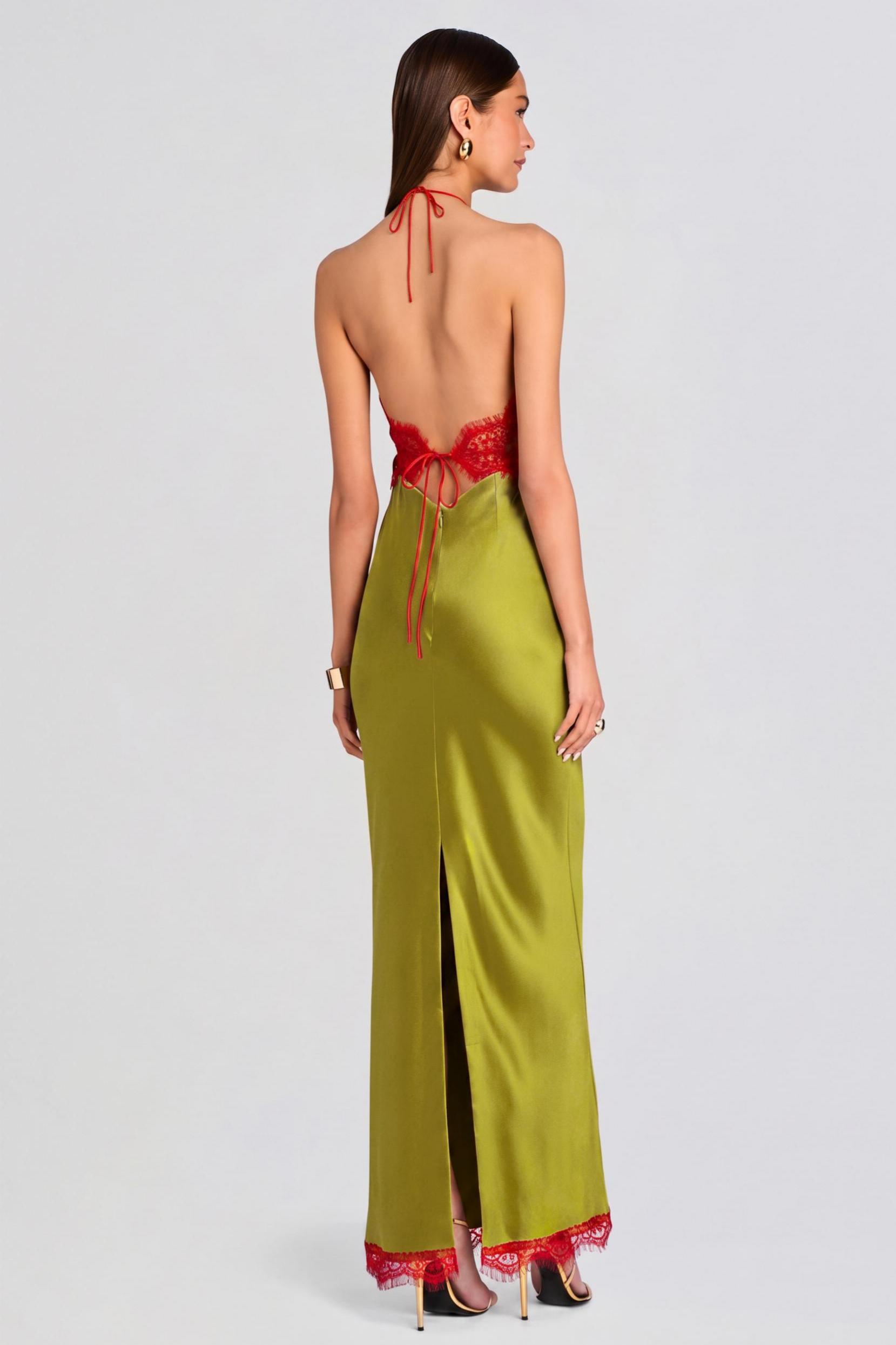 Satin Splicing Lace Contrast Color Tie-Up Maxi Dress