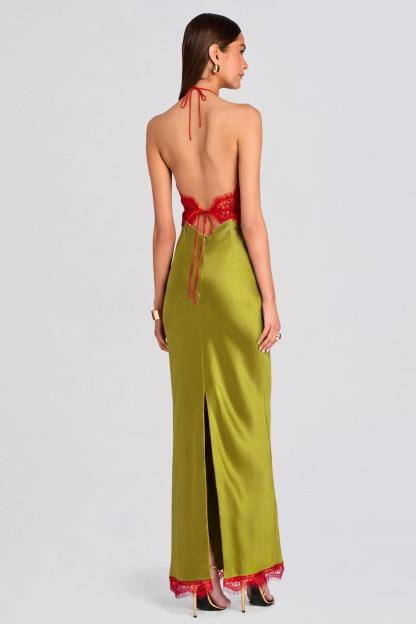 Satin Splicing Lace Contrast Color Tie-Up Maxi Dress