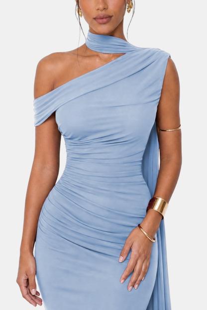 Jersey Skew Collar Ruched Maxi Dress