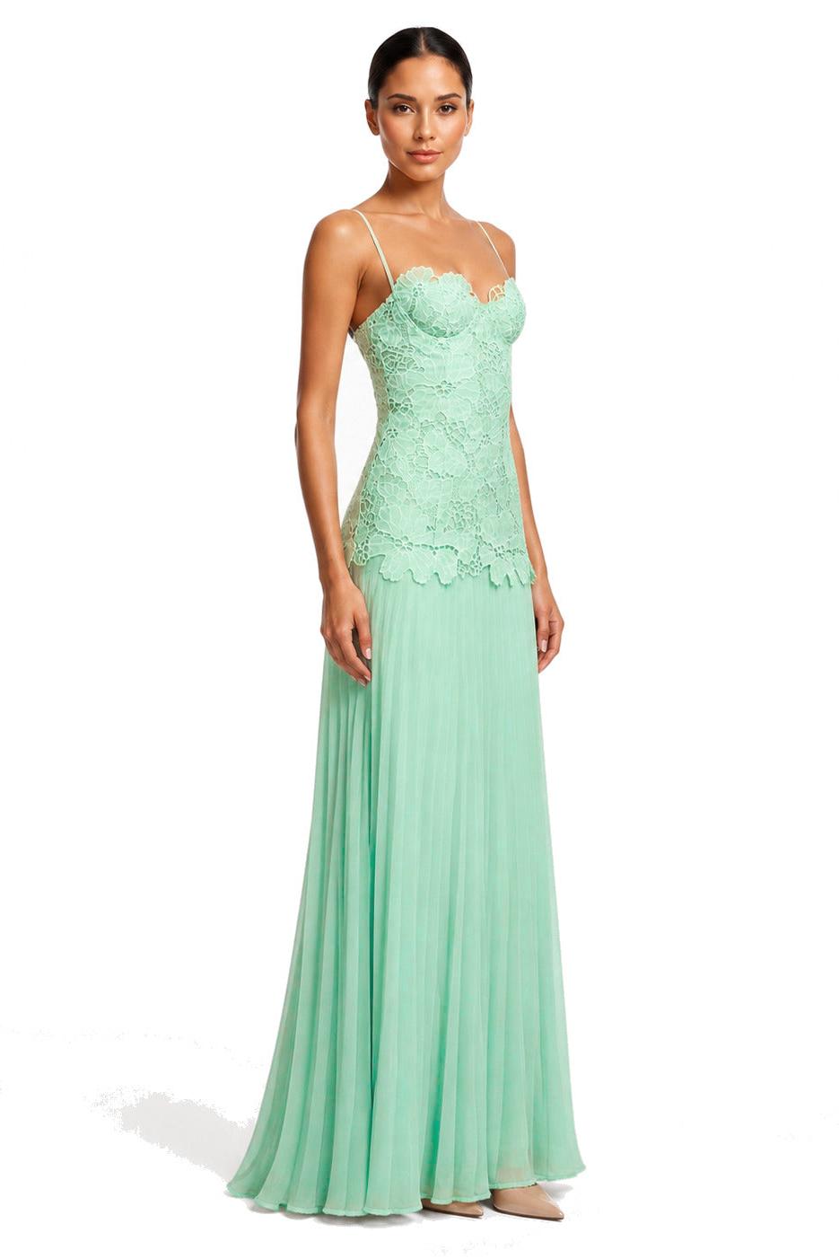 Lace Splicing Chiffon Pleated Slip Maxi Dress