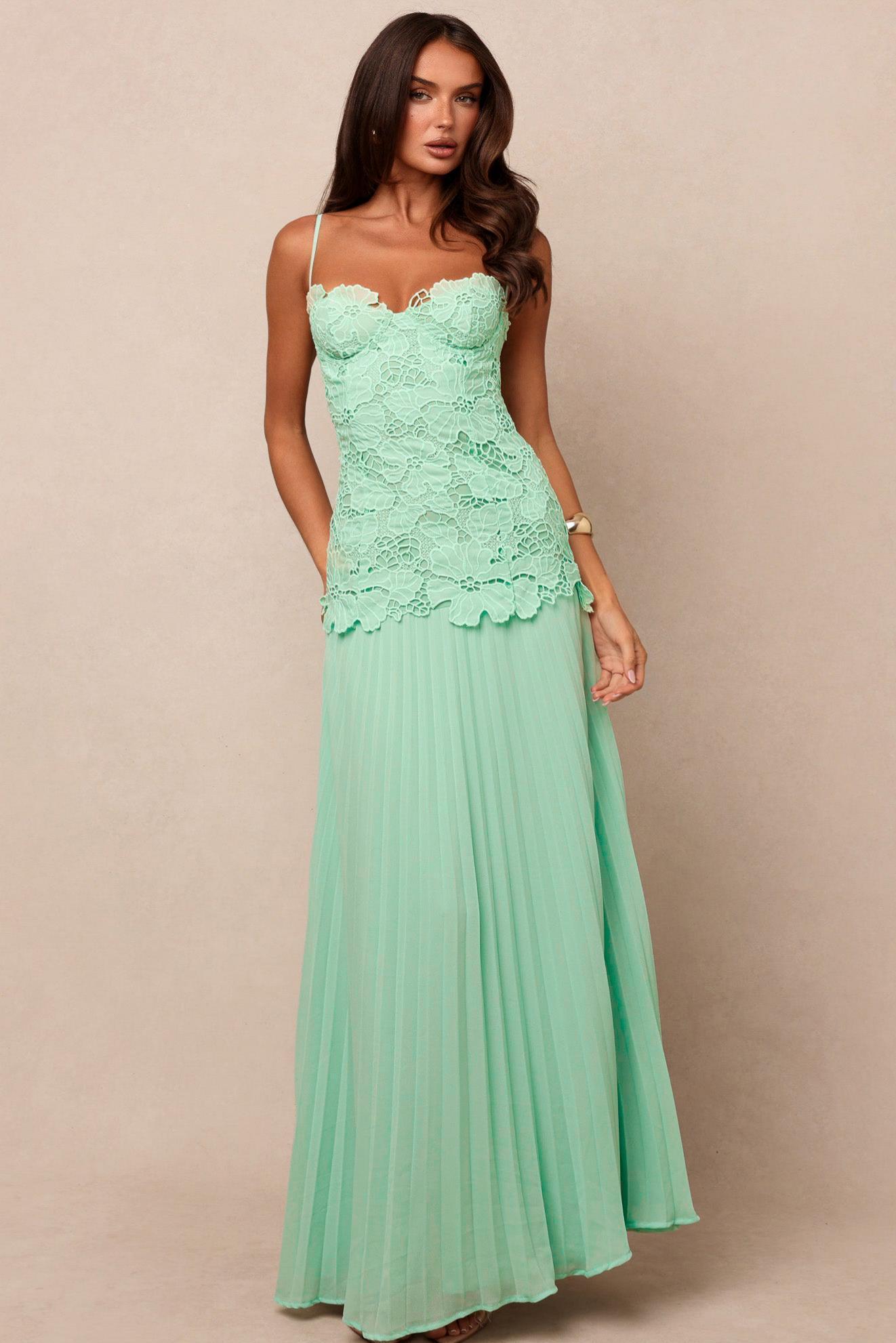 Lace Splicing Chiffon Pleated Slip Maxi Dress