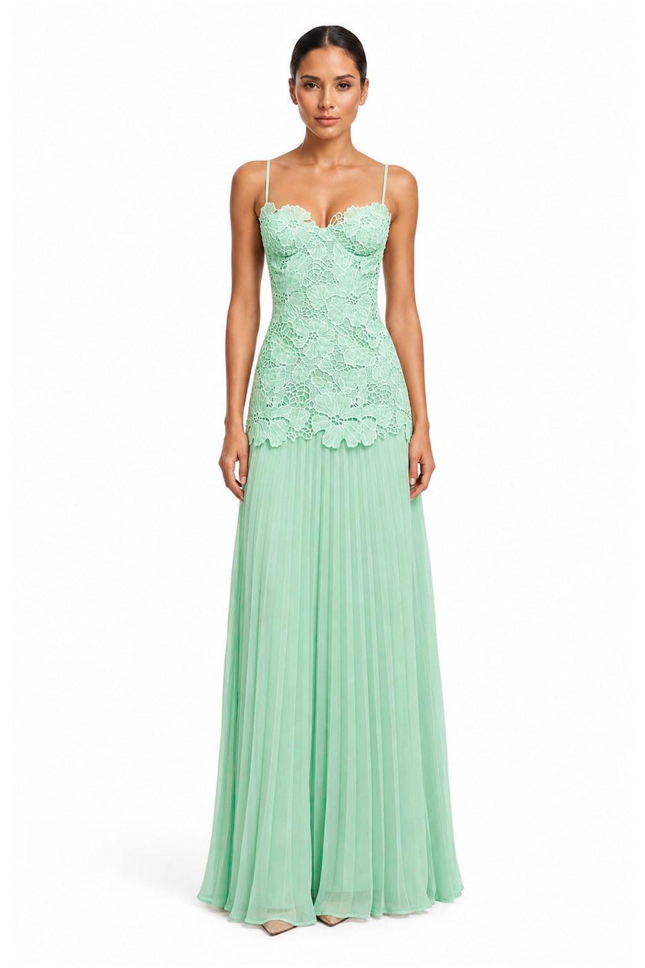 Lace Splicing Chiffon Pleated Slip Maxi Dress